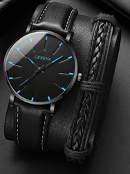 Watch + Bracelet 2023 Minimalist Men's Fashion Ultra Thin Watches Simple Men Business PU Leather Strap Quartz Watch