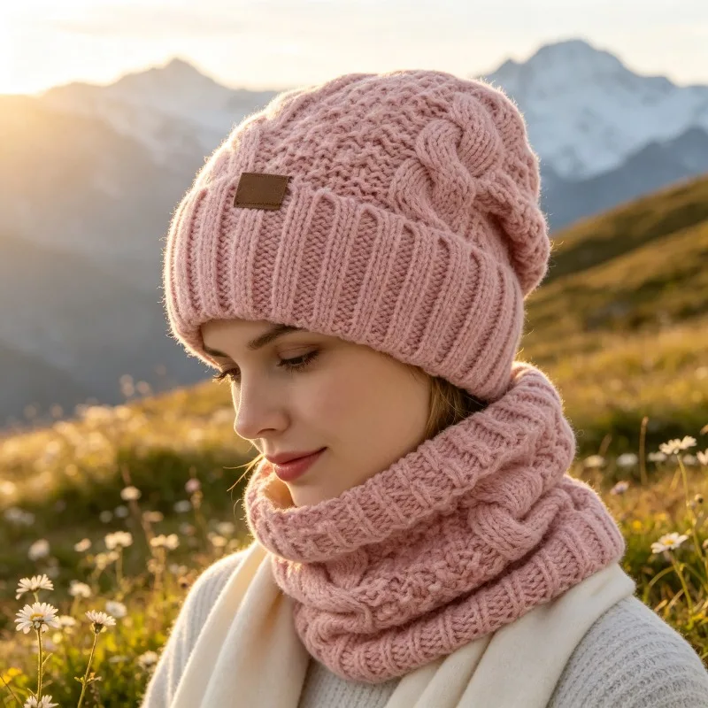 New European‑American Winter Hat And Neck Gaiter Kit Warm Ear‑Cover Knitted Pullover Beanie For Ladies Cold‑Proof
