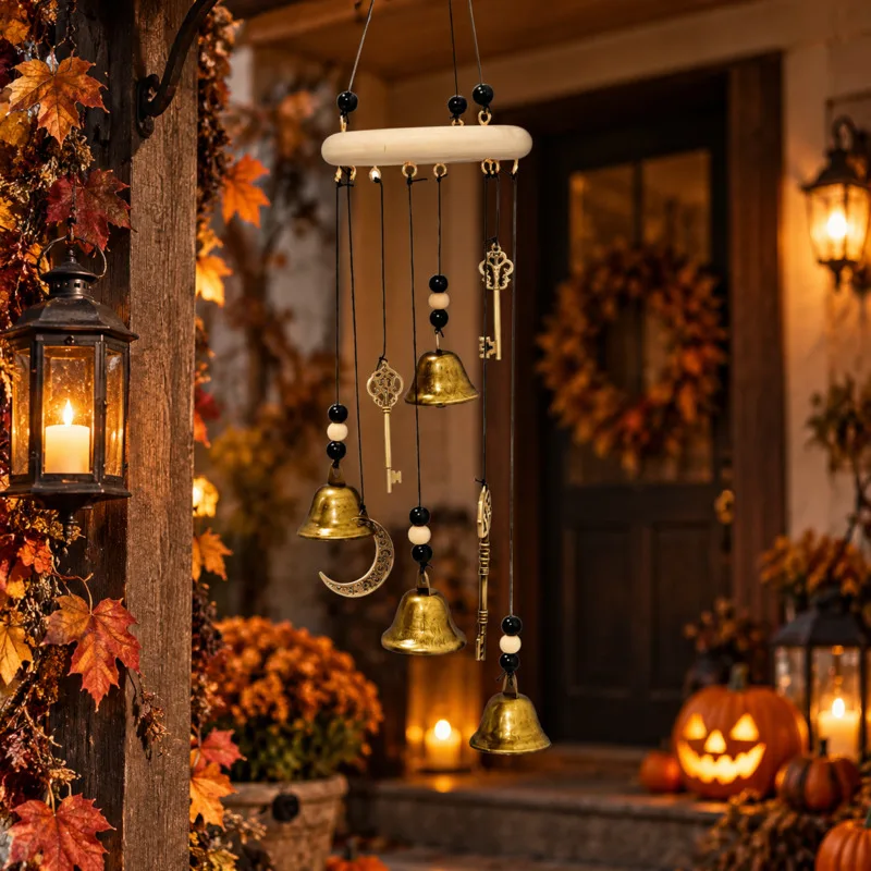48cm Wind Chime Hanging Bell Pendant Handmade Metal Witch Moon Key Outdoor Garden Porch Halloween Gothic Home Decor Ornament