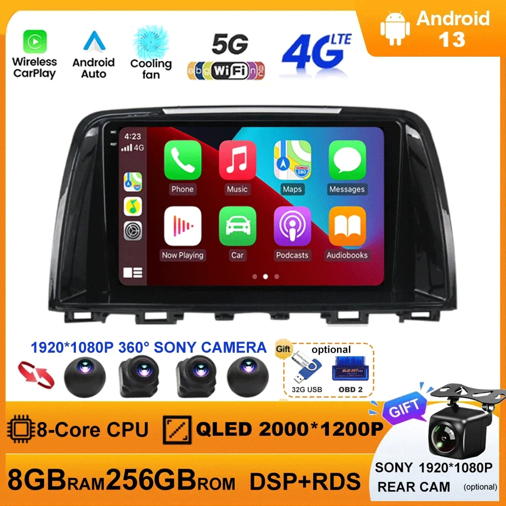 

Android 13 For Mazda 6 Ⅲ GL GJ 2012 - 2017 Car Radio Multimedia Video Player Navigation GPS DSP 5G WIFI Carplay Auto 360 Camera