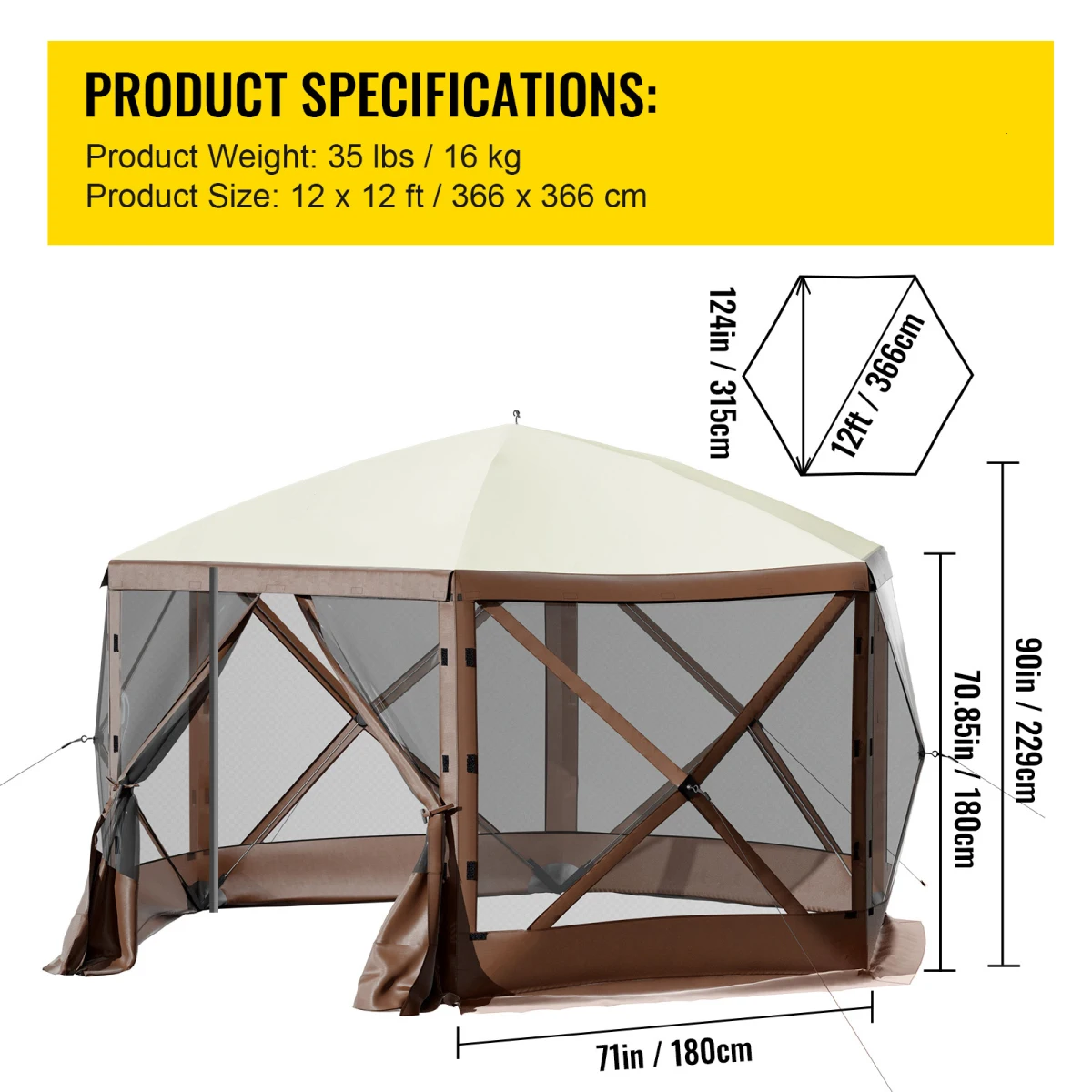 Camping Gazebo Screen Tent, 12*12ft, 6 Sided Pop-up Canopy Shelter Tent with Mesh Windows, Portable Carry Bag, Stakes, Large Shade Tents for Outdoor Camping, Lawn and Backyard, Brown/Beige On-Site