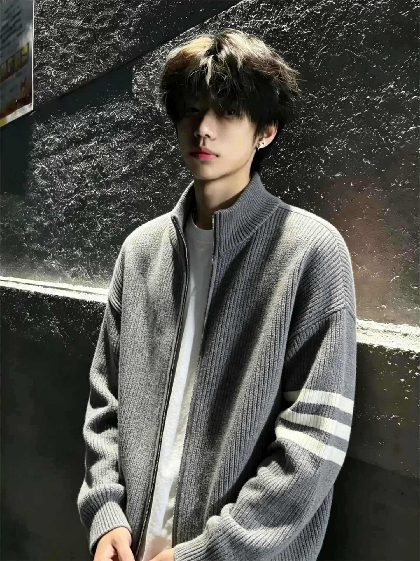 American College Style Loose Knitted Sweater Coat Three Bars Collar Open Cardigan Unisex Lazy Style Striped Grey Sweater Jacket