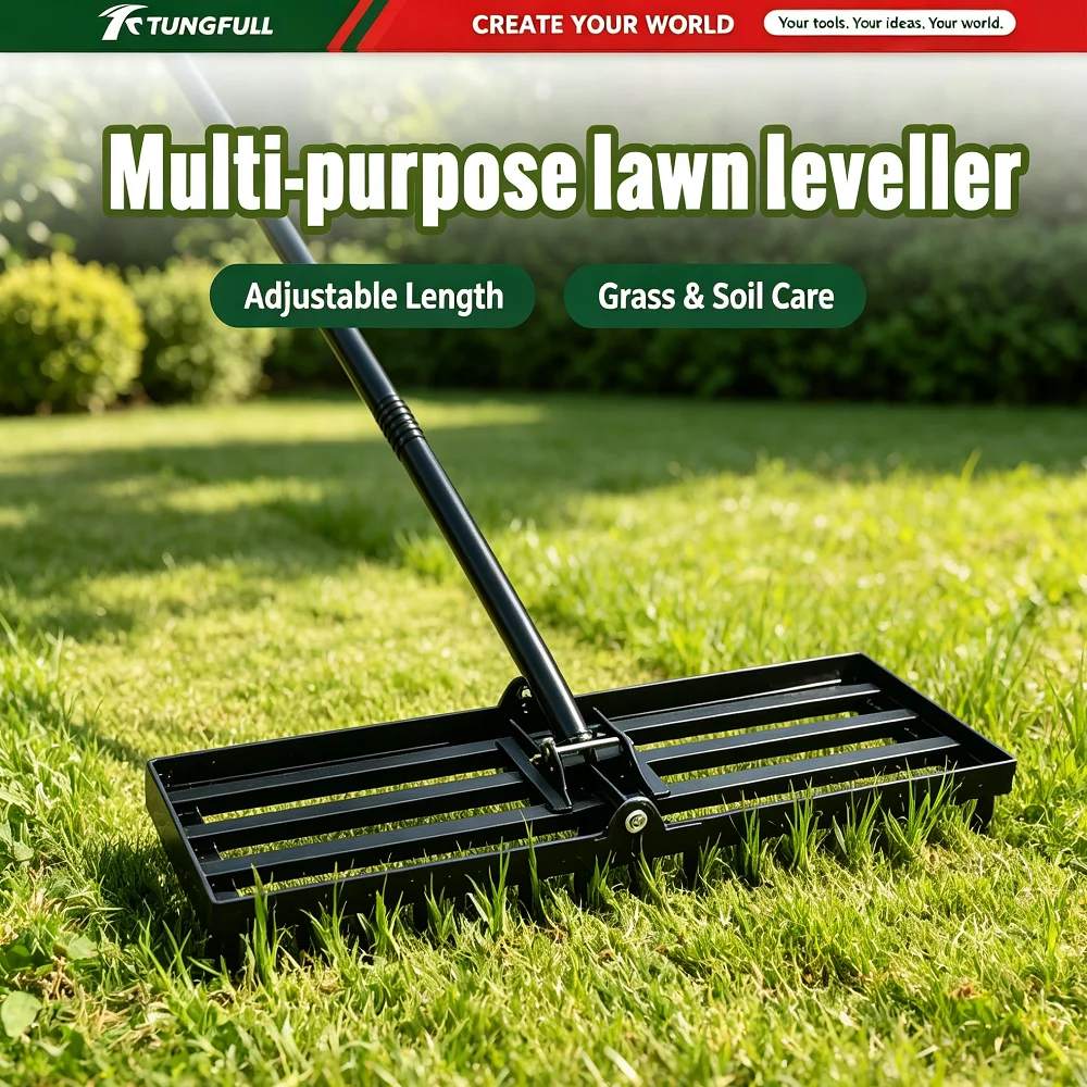 TUNGFULL Foldable Lawn Leveling Rake Adjustable Handle Ground Leveler Tool for Yard Golf Course Grass Surface Leveling