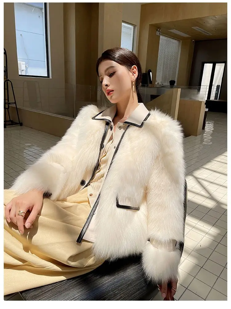 

Korea Winter Patchwork Faux Fur Coat For Women Lapel Long Sleeve Single Breasted Fur Coat Female Patchwork Lace Up Coat Clothing