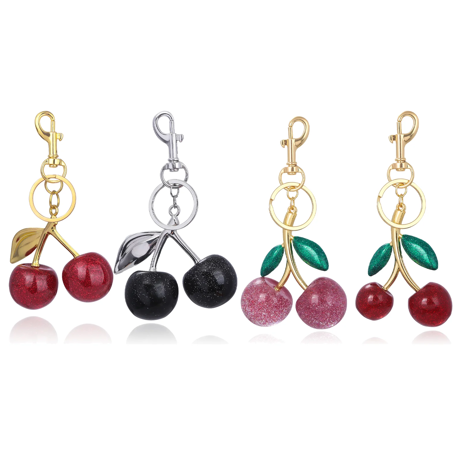 Fashionable Delicious Green Leaf Light Pink Crystal Cherry Keychain Fruit Cherry Pendant Men And Women Jewelry Bag Accessories