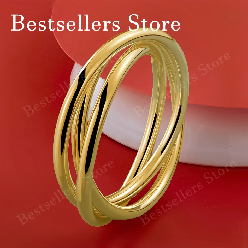 925 Sterling Silver 18K Gold Plated Exquisite Three-Ring Wrapped Bangle for Women, Fashionable Wedding Party Jewelry