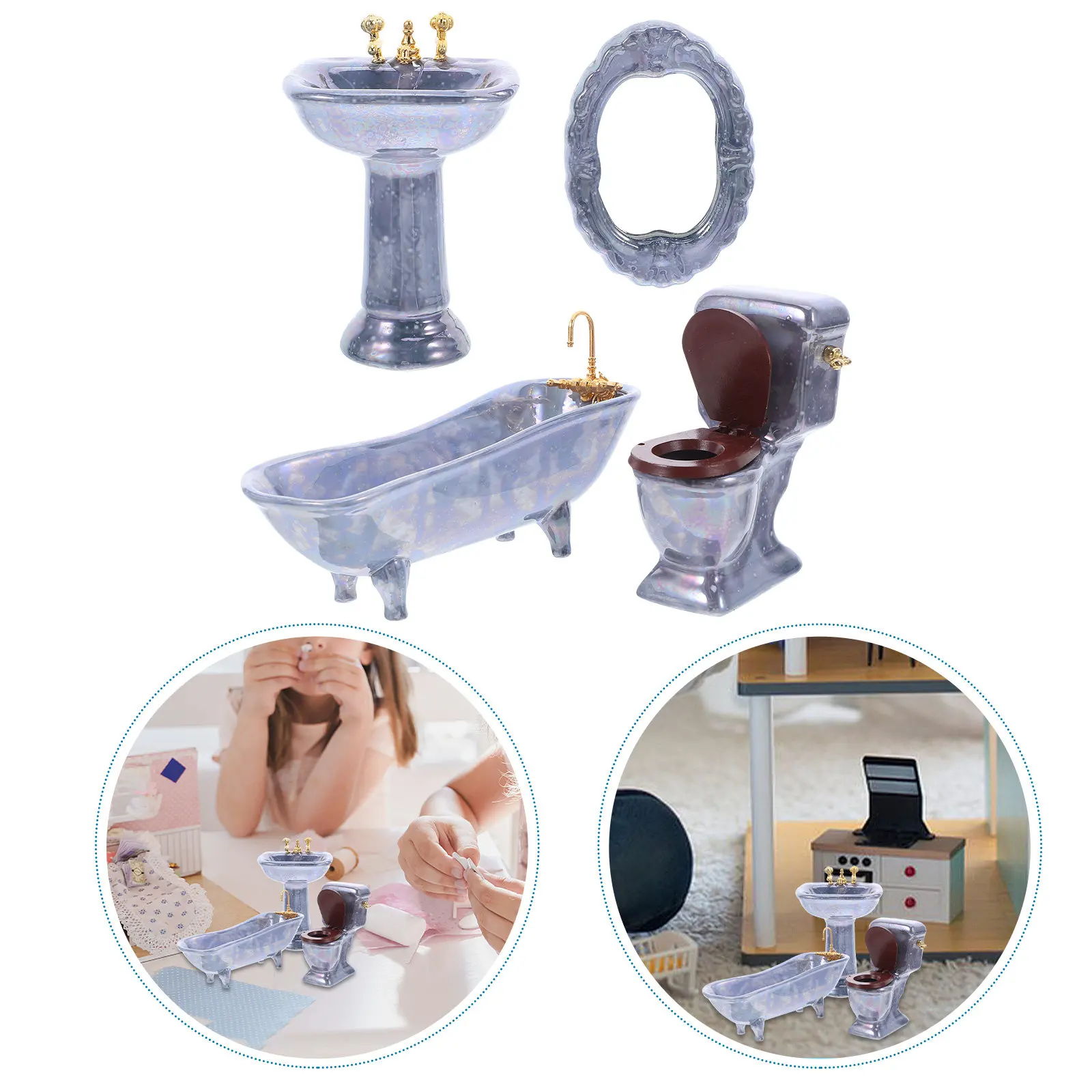 

Набор миниатюрных аксессуаров для ванной комнаты: реалистичные фарфоровые ванна, унитаз, раковина, зеркало для декора кукольного домика, компактный и прочный