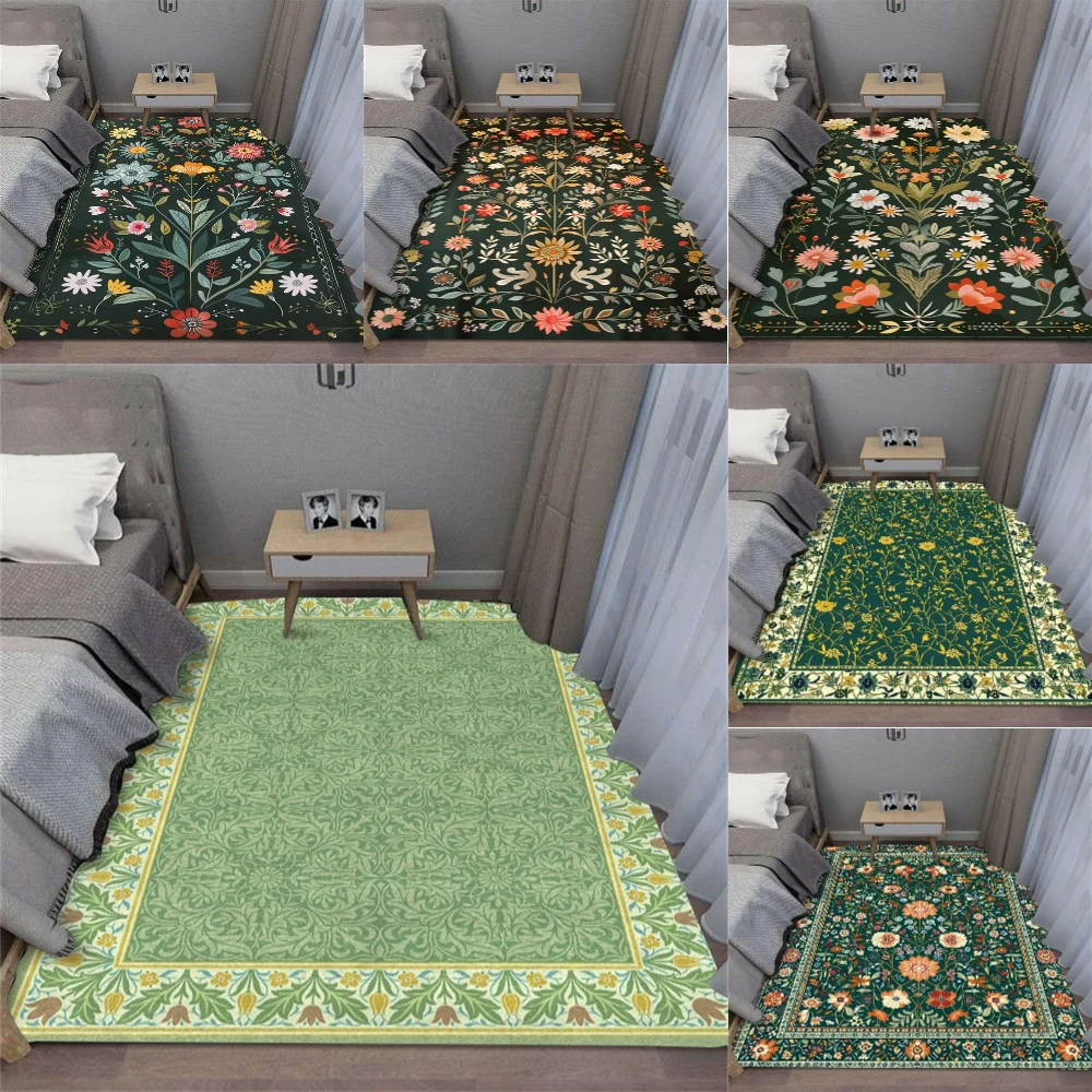 Dark Green Leafy Flowers Carpet for Bedroom Rug Decor Living Room Sofa Decor Rugs Kitchen Coffee Table Floor Mat Hallway Rug