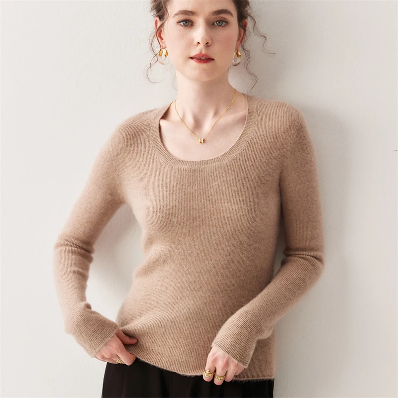 

MEETCC Women 100% Cashmere U Neck Pullover Solid Color Autumn Winter Soft Warm Fashion Elegant Long Sleeve Knitwear Tops