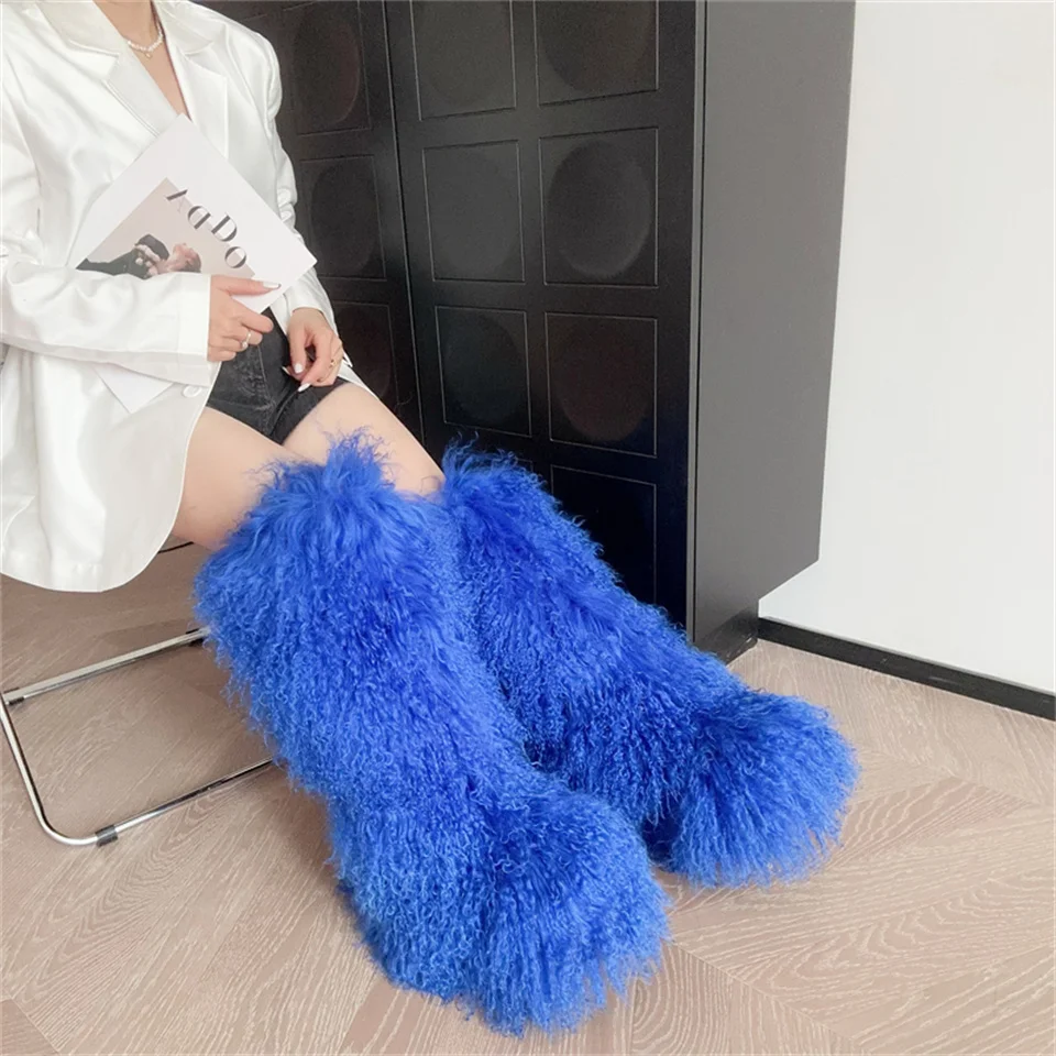 2024 Real Mongolian Fur Noots Wool Boots Warm SnowBoot Fur Wool Knee High Boots Purple/pink Fashion Winter Shoes