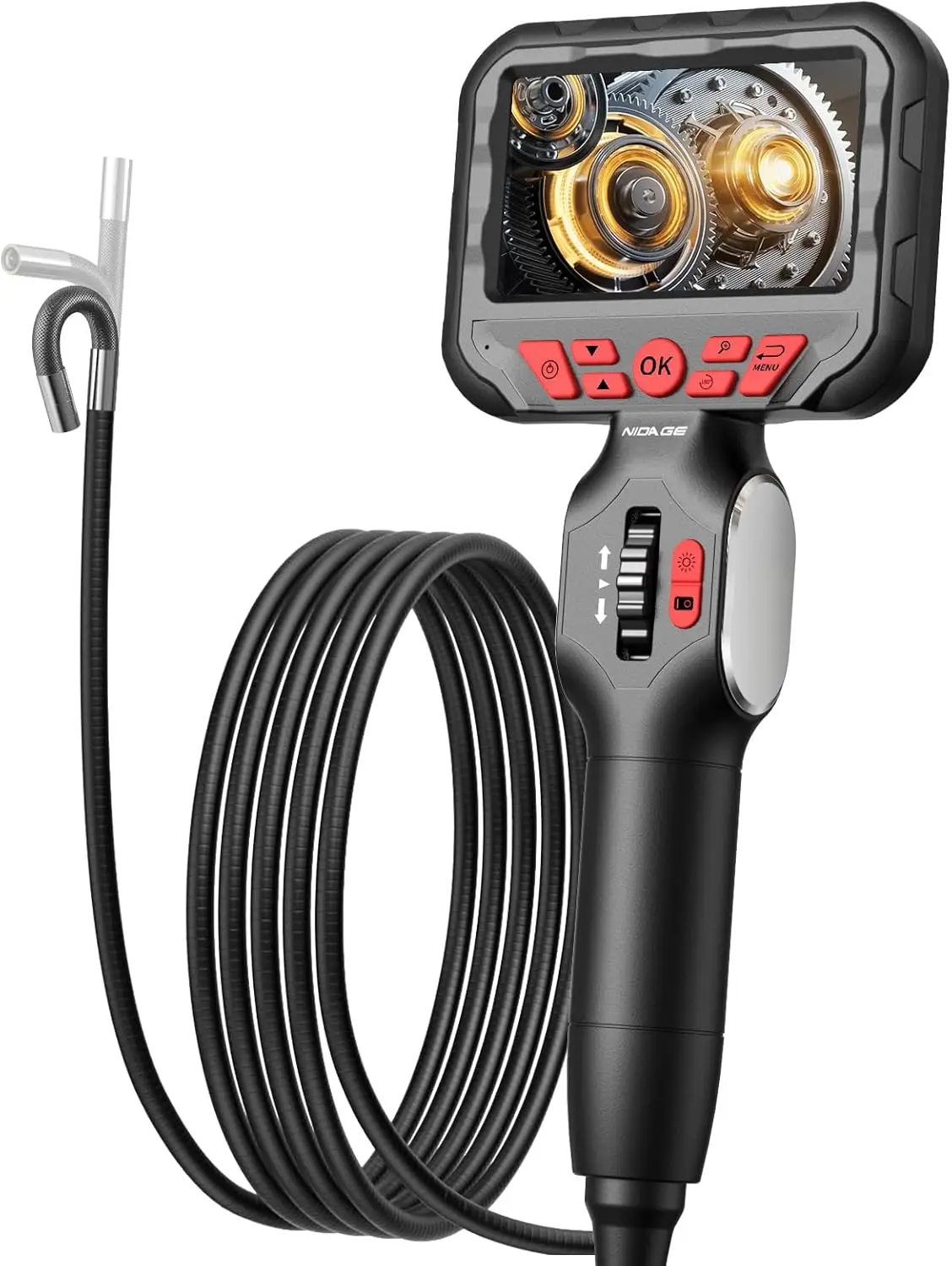 2-Way Articulating Borescope Camera with Light, Industrial Endoscope with Flexible Fiber Optic Scope for Automotive