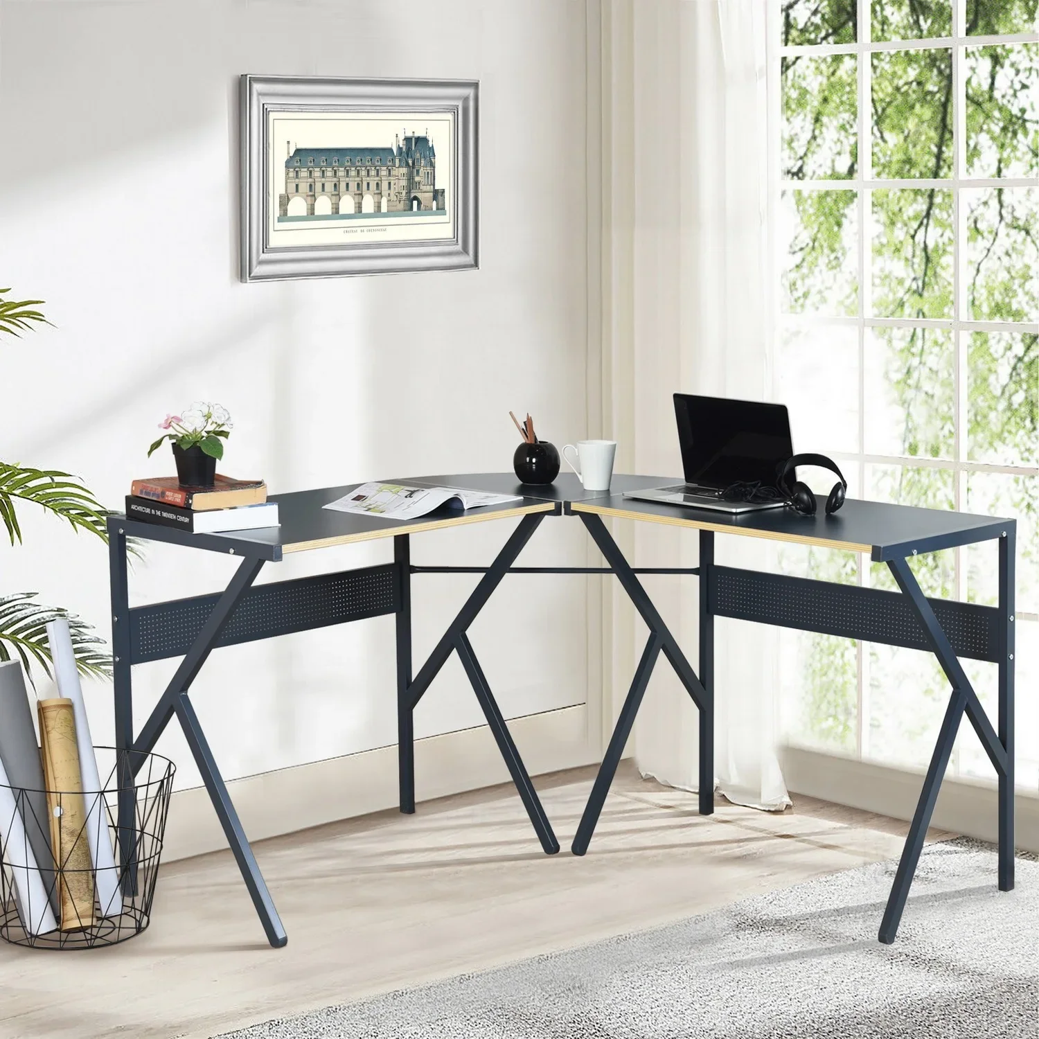 Dark Grey L-Shaped Corner Computer Desk - Space-Saving and Multifunctional Home Office Writing Workstation Study Desk with Round