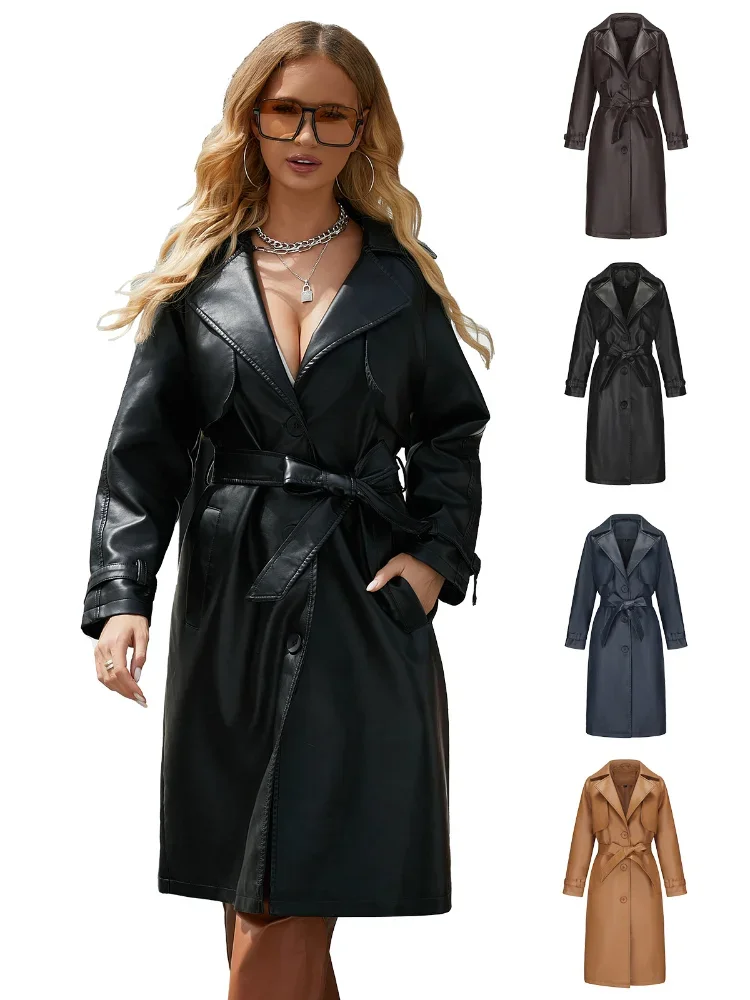 

Women's Oversize Windbreaker Autumn Winter Long Loose PU Leather Jacket Elegant Suit Collar Belt Lace-Up Slim Trench Coat Female