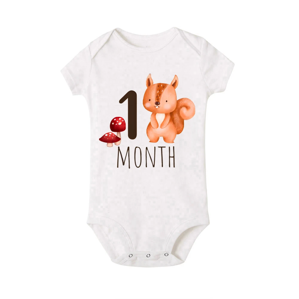 Cute Animal Printed Monthly Milestone Baby Romper 1-12 Month Newborn Bodysuit Photography Prop Outfit Clothes Infant Shower Gift