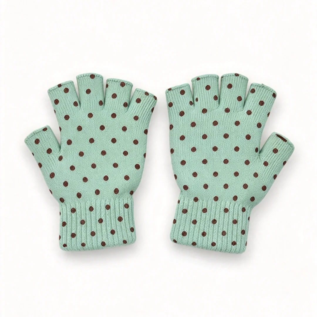 Women Mint‑Green Polka‑Dot Fingerless Knit Gloves Cute Retro Dotted Warm Knitted Half‑Finger Gloves
