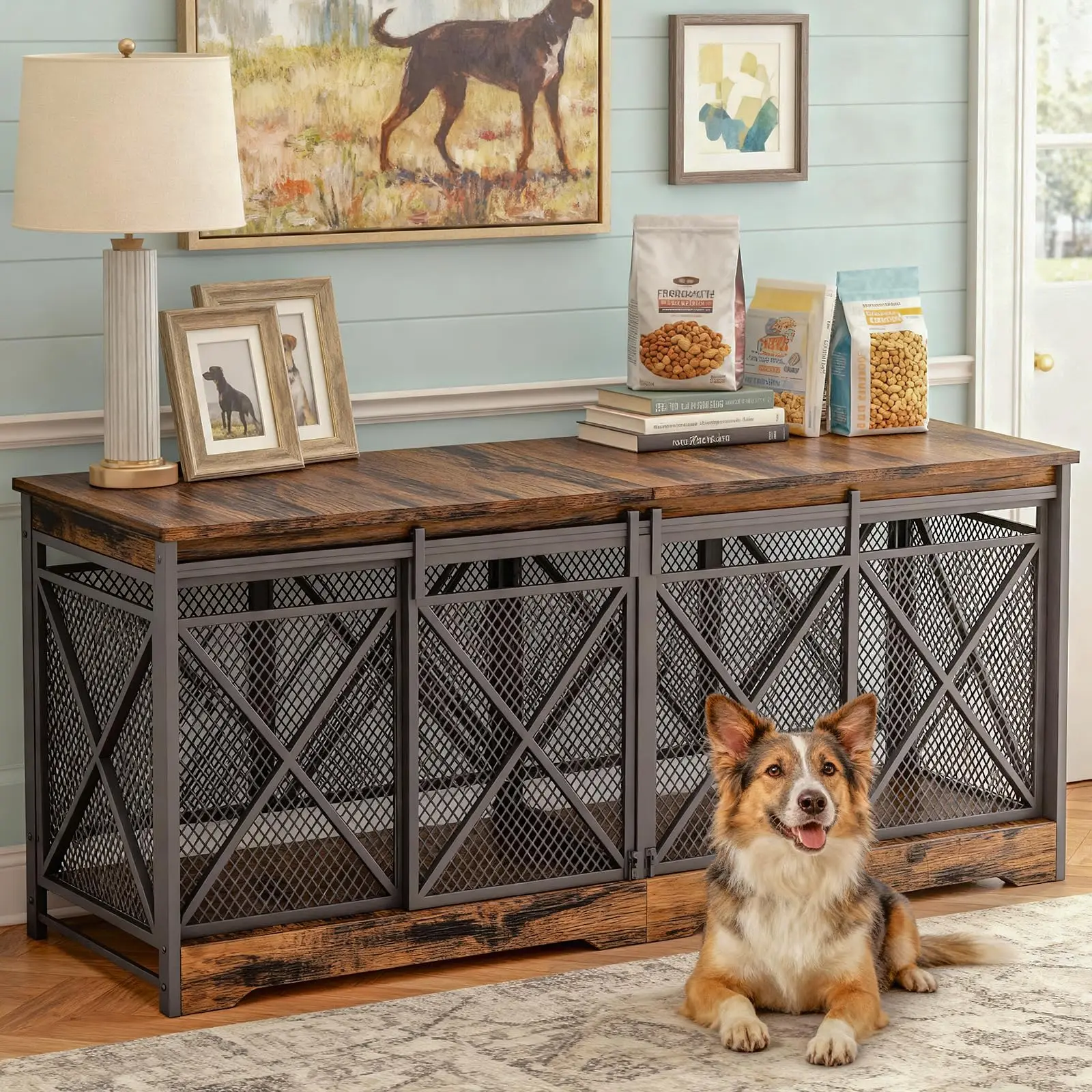 78 Inch Double Dog Crate Furniture,(Caramel Brown)