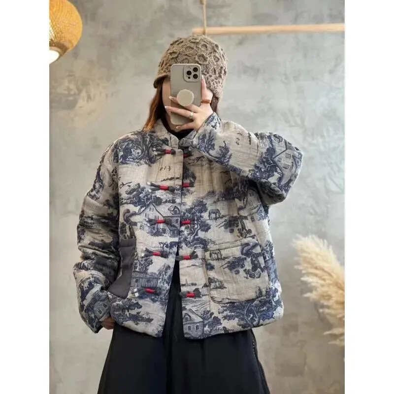 

Winter New Loose Cotton Jacket Women's Small Stand Collar Long Sleeve Retro Button Print Outerwear Coat Comfortable Breathable