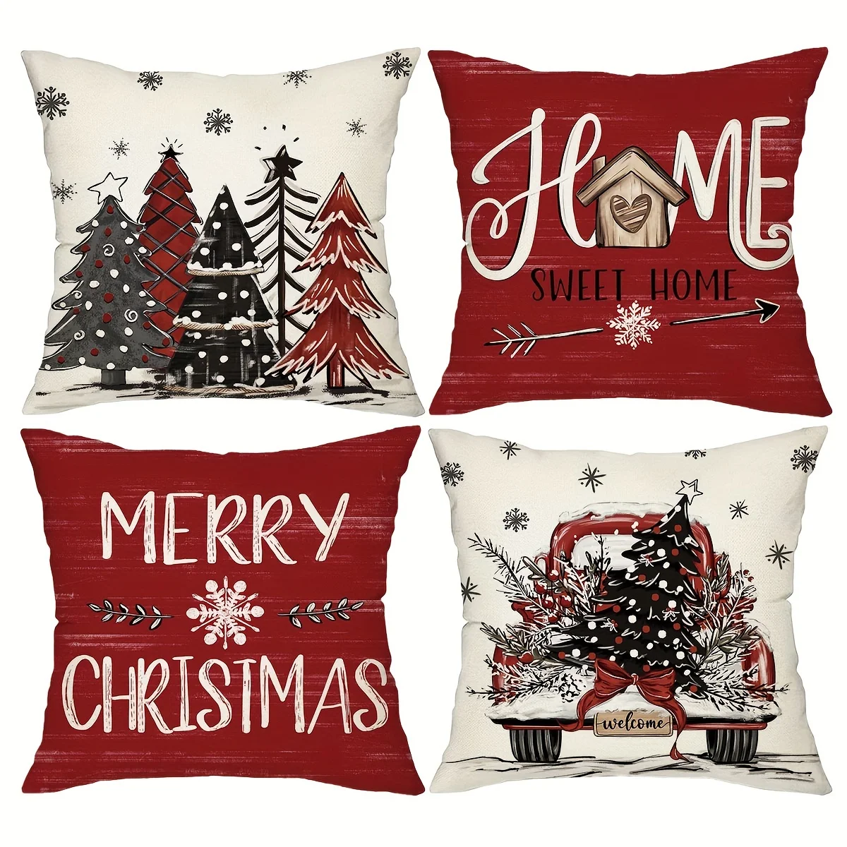 Vintage Farmhouse Christmas Pillow Covers -  Christmas Tree & Truck Print, Plaid | Decorative for Home/Outdoor (Without Inserts)