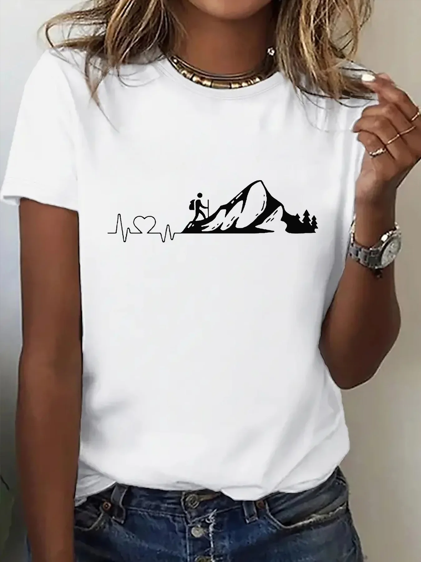 Hiking Mountain Heartbeat Print Womens T Shirt Outdoor Adventure Walker Graphic Tee Short Sleeve Casual Daily Street Ladies Tops