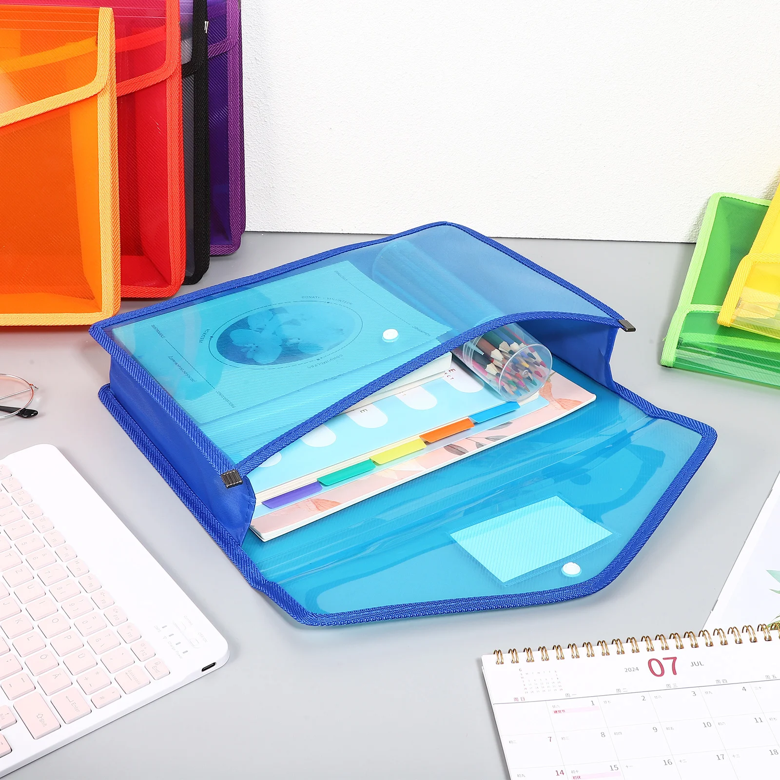 

7pcs Colorful File Folders Transparent Expandable Document Bags Label Pockets Button Closure Letter Size Office Organization
