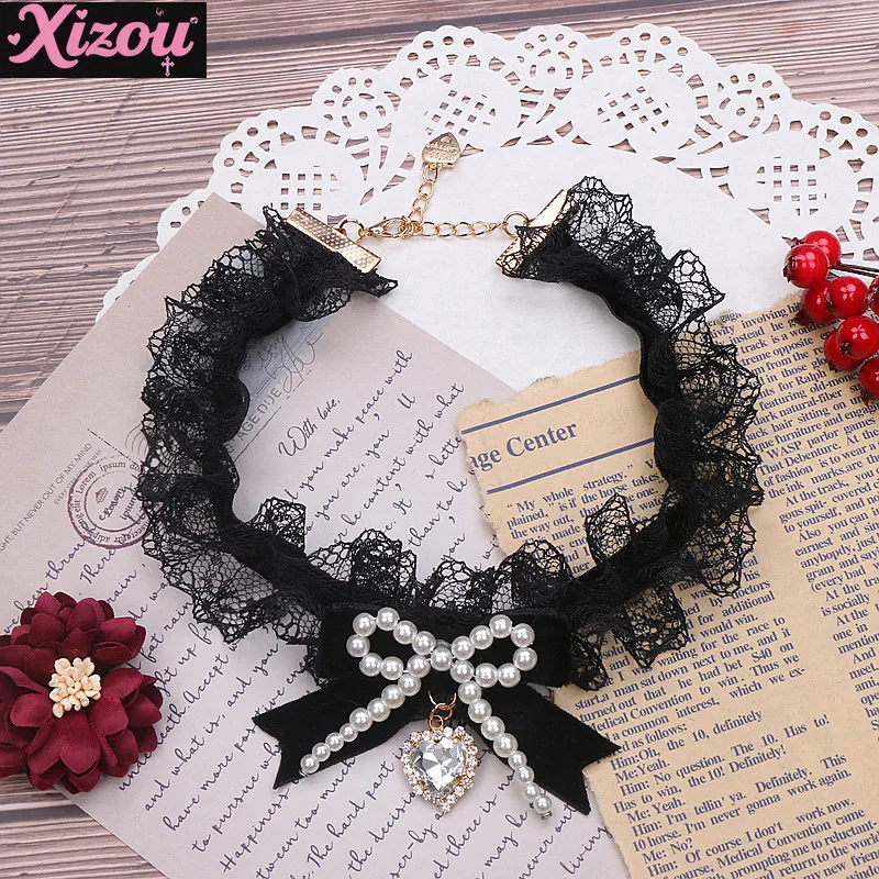 

Japanese Handmade Lolita Sweet and Cute Lace Edged Pearl Bow Rhinestone Love Necklace Collar Sweetheart Girl Lolita Accessories
