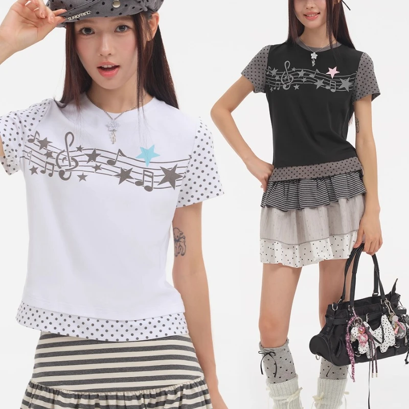 التصميم الياباني الأبيض Y2K الموسيقى ملاحظة ستار خارج الكتف قصيرة الأكمام المرأة تي شيرت جديد التخسيس تنوعا تي شيرت قصير السيدات #3