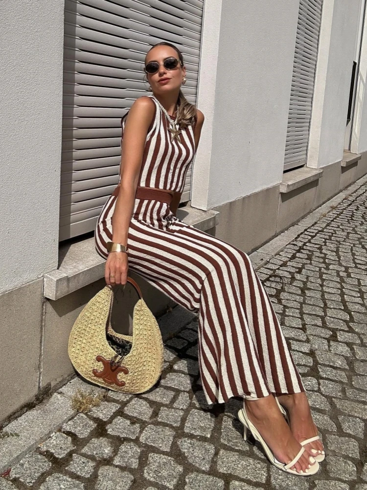 Ladies Elegant Striped Sleeveless Knit Long Pants Sets Women Casual O-neck Crop Tops Two Piece Sets High Street Women Outfits