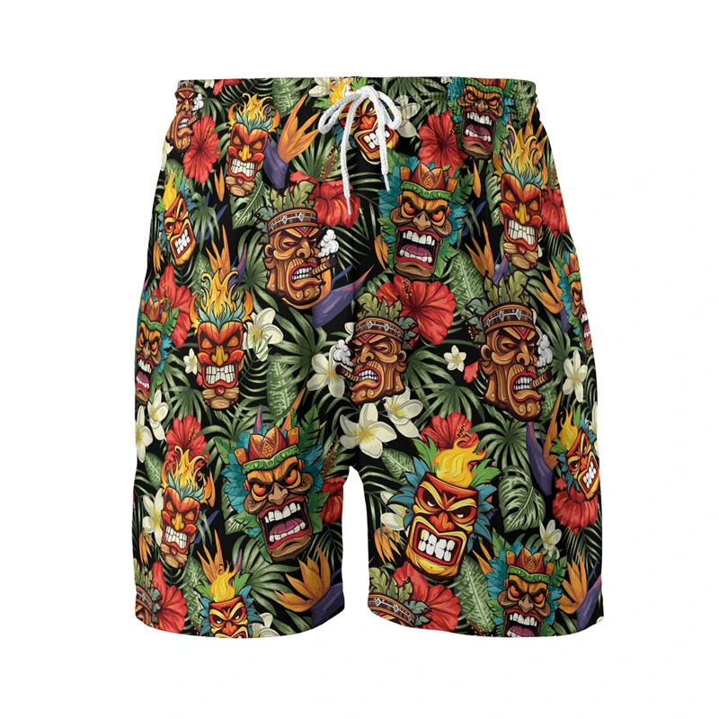 Summer Hawaiian Beach Shorts Tiki Mask 3D Print Men Women Holiday Trunks Casual Surfing Board Shorts Swimwear Kid Men\'s Clothing