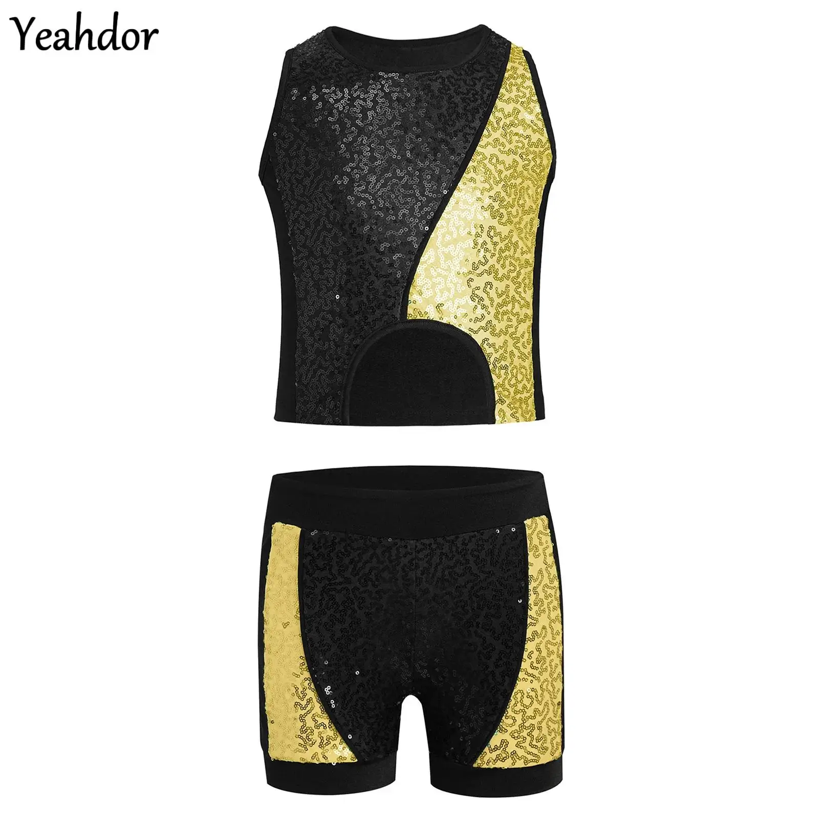 

Teen Girls Jazz Dance Outfit Color Block Patchwork Sparkly Sequins Tank Top Vest with Shorts Set Cheerleading Costume Streetwear