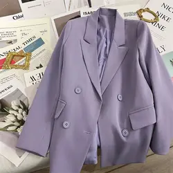 Chaqueta de traje púrpura para mujer, nuevo sentido de diseño, doble botonadura, color sólido, traje pequeño informal, blazers para mujer