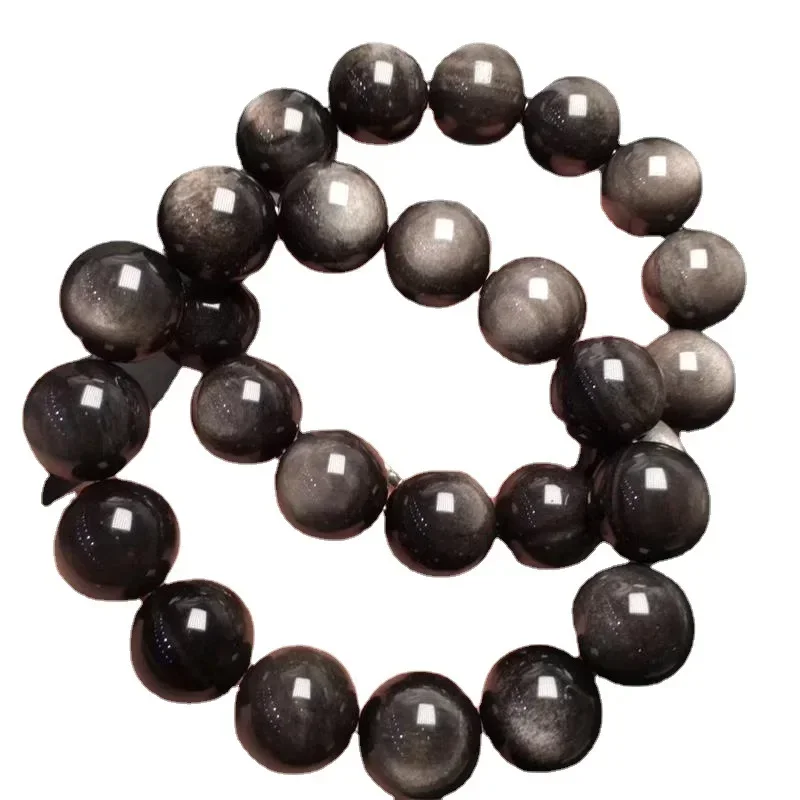 Natural Silver Obsidian Bracelet for Men and Women's Round Beads Cat Eyes Wealth Transfer Crystal Bangle Grand Gift view 5