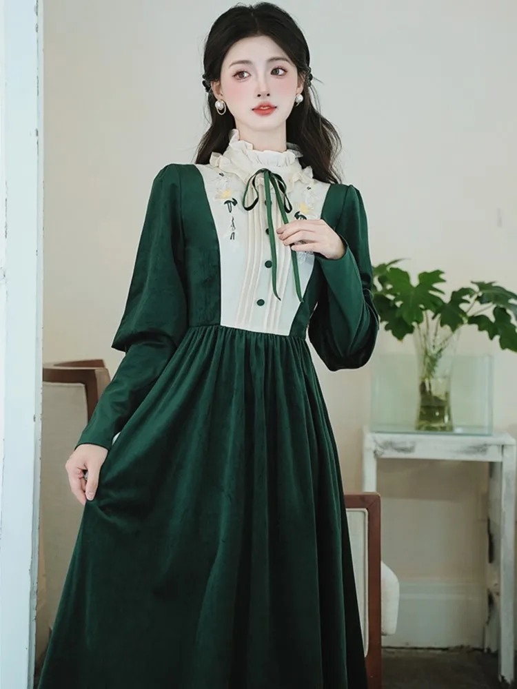 Vintage Green Velvet Midi Dress for Women Autumn Long Sleeve Ruffles O-neck Lace-up Slim Evening Party Robe Elegant Vestidos New