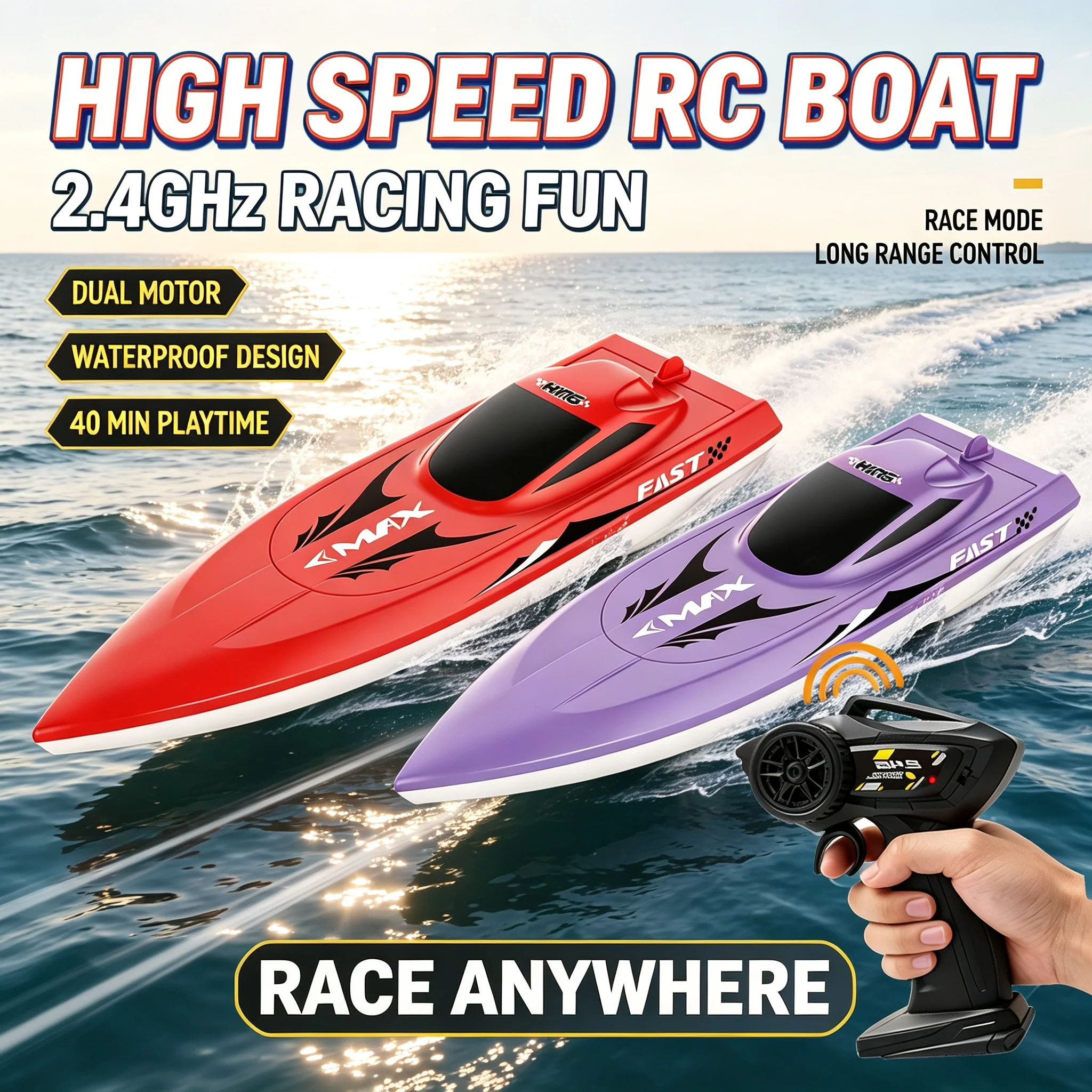 RC Speedboat for Kids, 2.4G High-Speed Rechargeable Racing Boat, Waterproof Simulation Toy Model Birthday Gift for Boys
