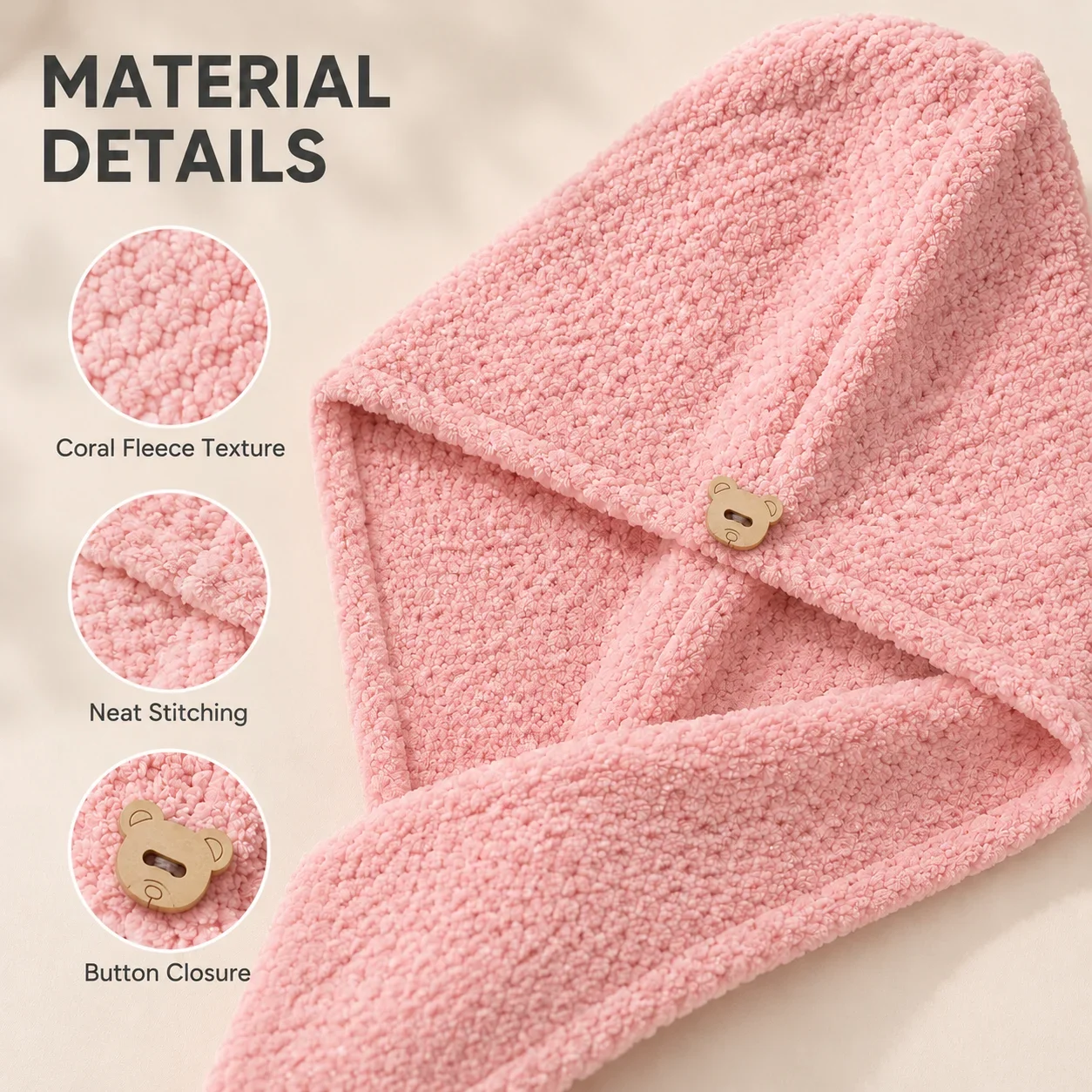 Soft Coral Fleece Hair Drying Cap for Women Absorbent Towel Wrap Low Lint Bath Head Cover Button Turban for Shower Spa Home