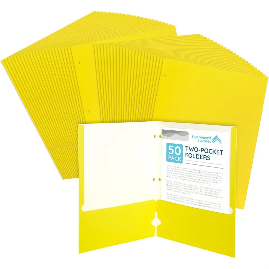 

Blue Summit Yellow Folders with Pockets Paper Yellow Pocket Folders with Busin Card Holder 3 Hole Punched 2 Pocket for Document