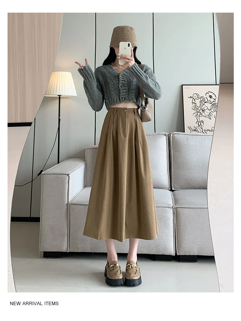 플러스 사이즈 300 포우 코듀로이 하이 웨이스트 A라인 스커트 여성용 가을 겨울 미디 스커트 트렌디한 롱 스커트