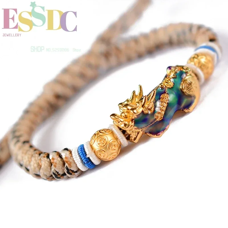 Fashion Men's Change Color Pixiu Charm  Bring Wealth Army Fan Outdoor Copper Handmade Lucky Rope Chain Bracelet Dropship view 6