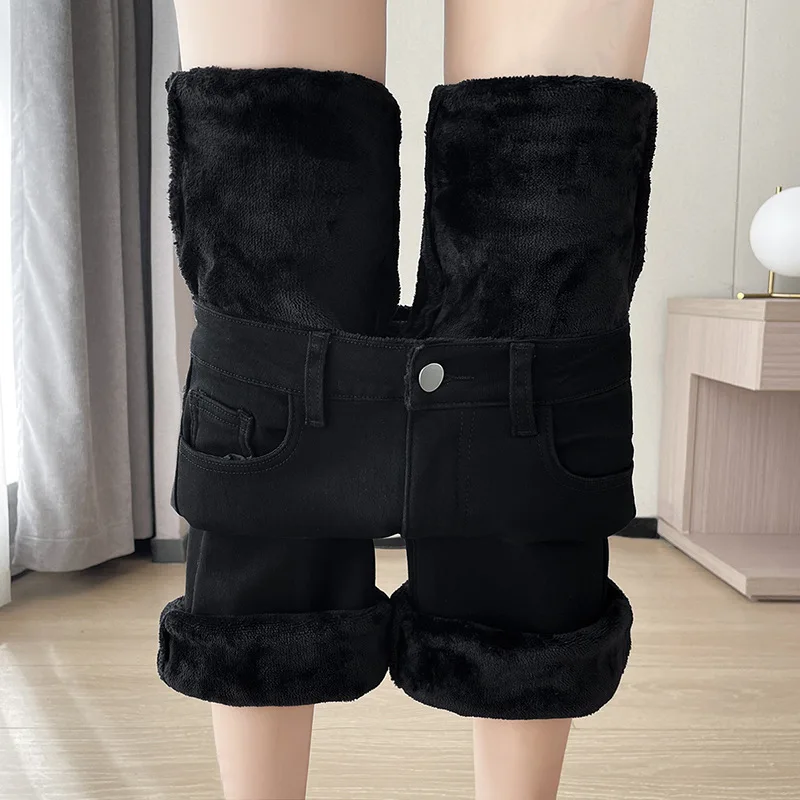 

Autumn Winter Vintage Velvet flared jeans Warm Plush Lined Skinny Casual High Waist Womens Denim Pants Thicken Bell-bottoms