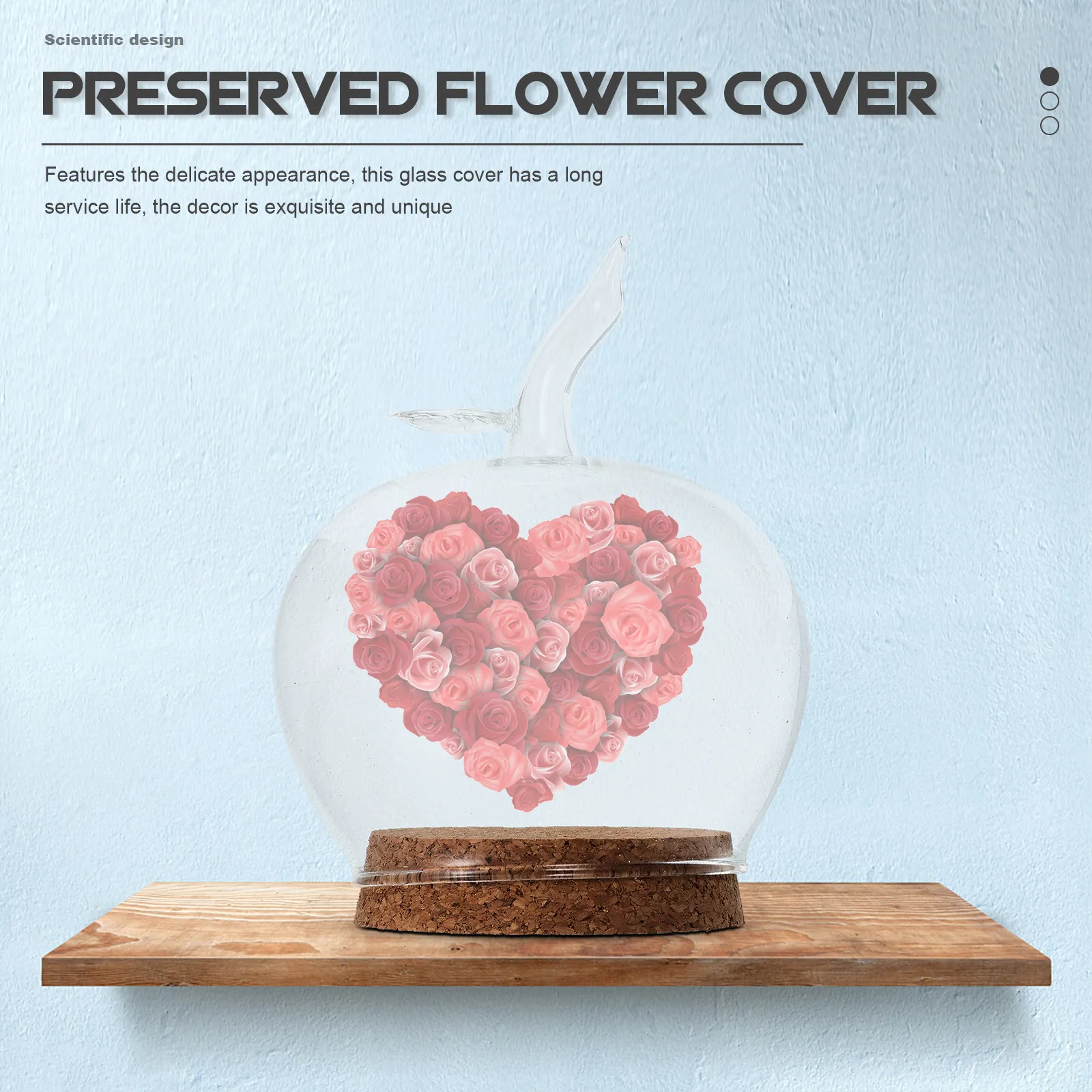 Glass Apple Shaped Display Cover with Wooden Base Immortal Flower Preservation Home Decor Glass Flower Dome for Dolls