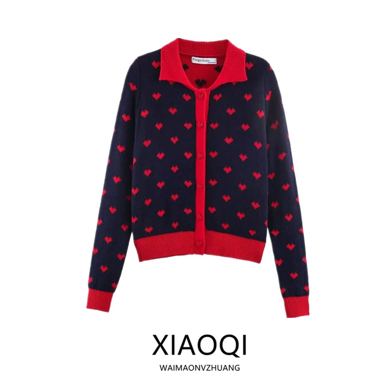 

Spring 2026 Women's Knitted Heart Shaped Design Flip Cover Collar Embroidery Outerwear Sweet Style Loose Fit Long Sleeve Shor...