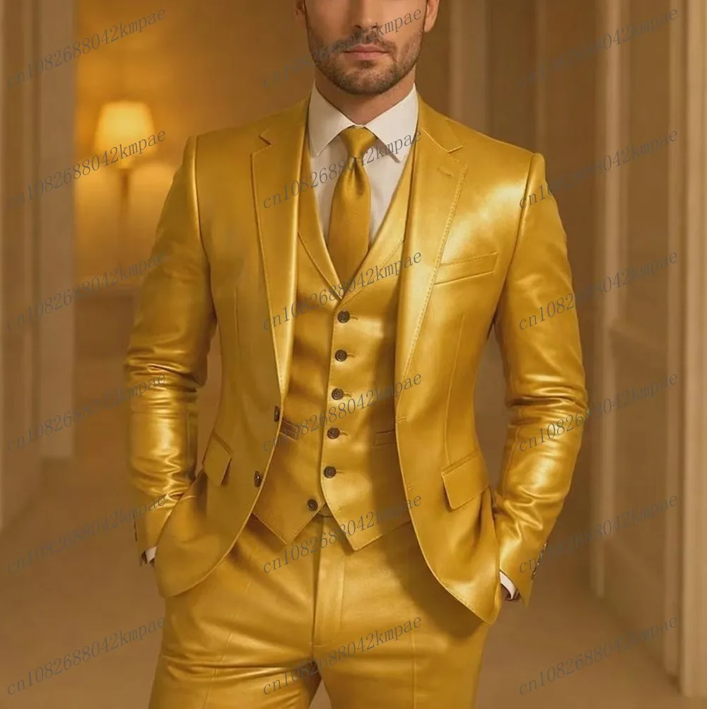 

New Gold Leather Men Suit Formal Groom Groomsman Wedding Party Prom Male Business Tuxedos 3 Piece Set Blazer Vest Pants