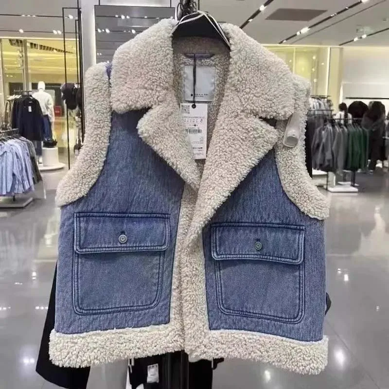 

Lambswool Thick Denim Women Vest Coat 2026New Winter Sleeveless Short Slim Cowboy Female Vest Fashion Joker Waistcoat Ladies Top