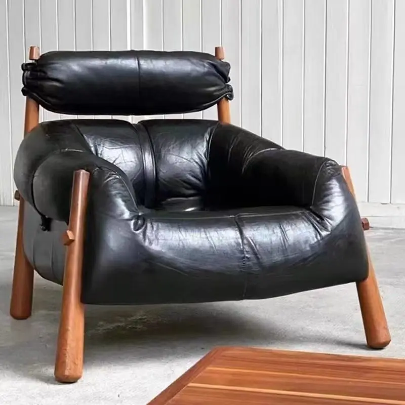 Medieval Balcony Lazy Sofa Chair Living Room Solid Wood Oil Wax Skin 2
