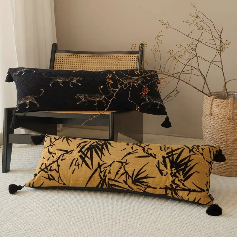 Long Pillows Chinese Bamboo Embroidery Cushions Luxury Retro Leopard Decorative Pillow For Sofa Chair Bedding Home Decorations