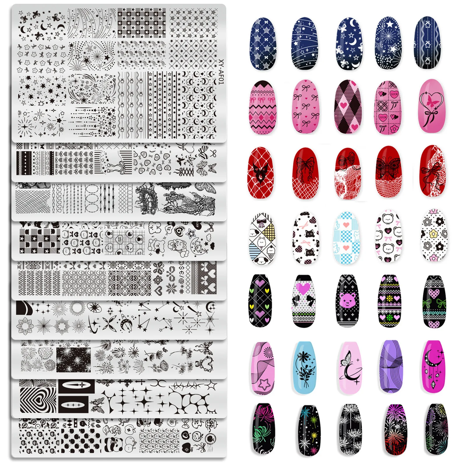 Nail Stamp Kit with Pattern Plates, Checkerboard French Lace Design Transfer Tool, Clear Silicone Stamper for Nail Art