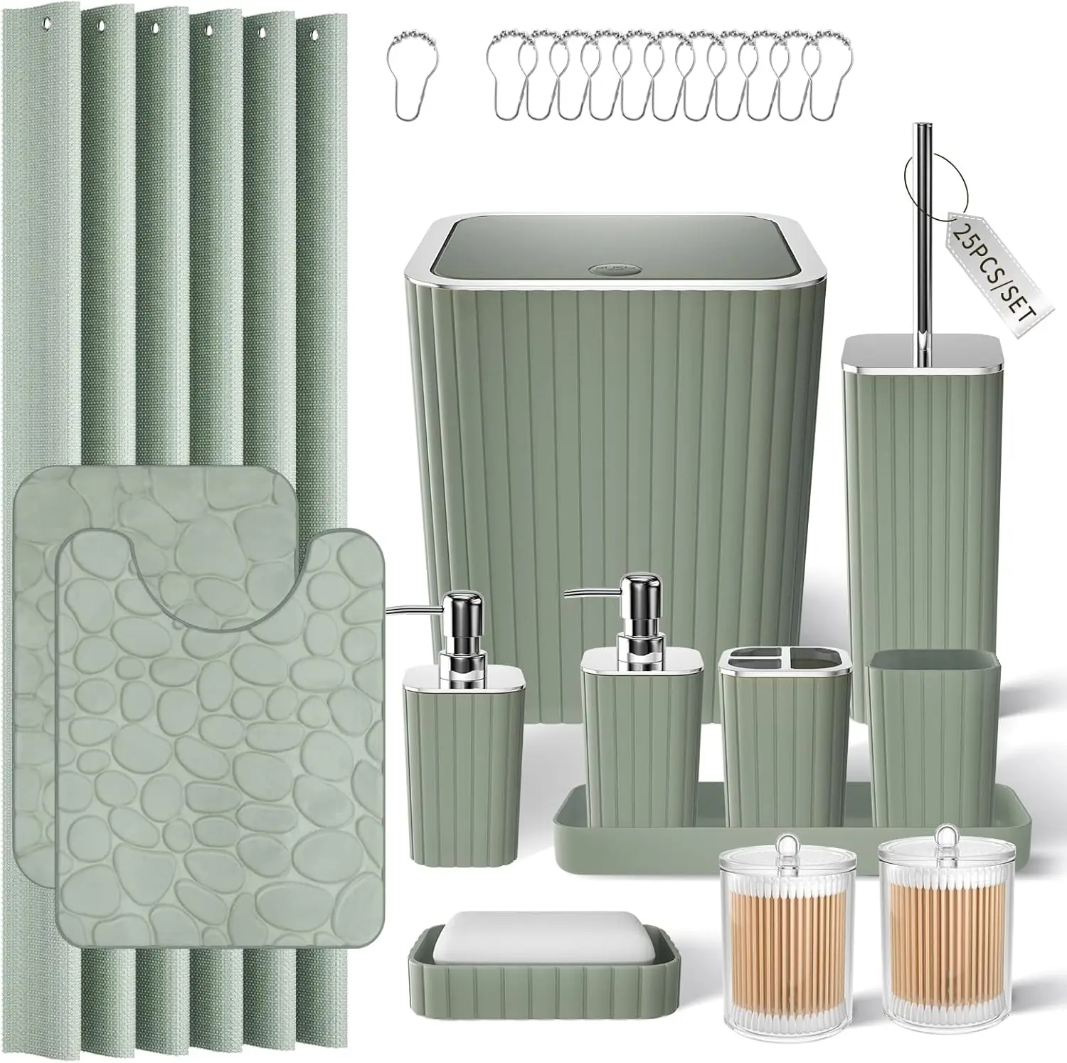 

25-Piece Sage Green Bathroom Set with Shower Curtain, Rugs, and Accessories for Home Decor