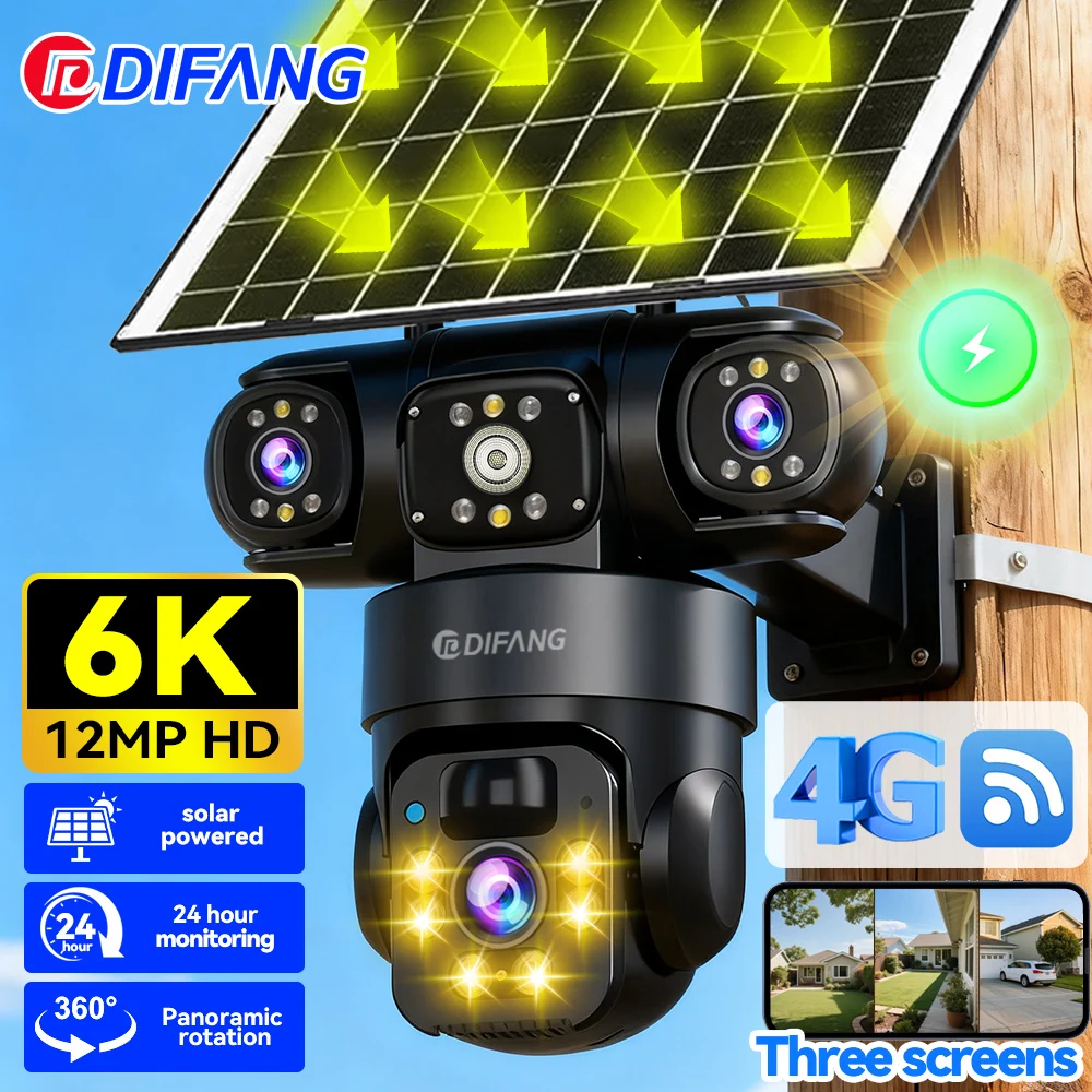 

V380 Pro Solar IP Camera Triple Screen 12MP Solar Video Surveillance Waterproof Ai Track PTZ 4G Sim Card CCTV Security Cameras