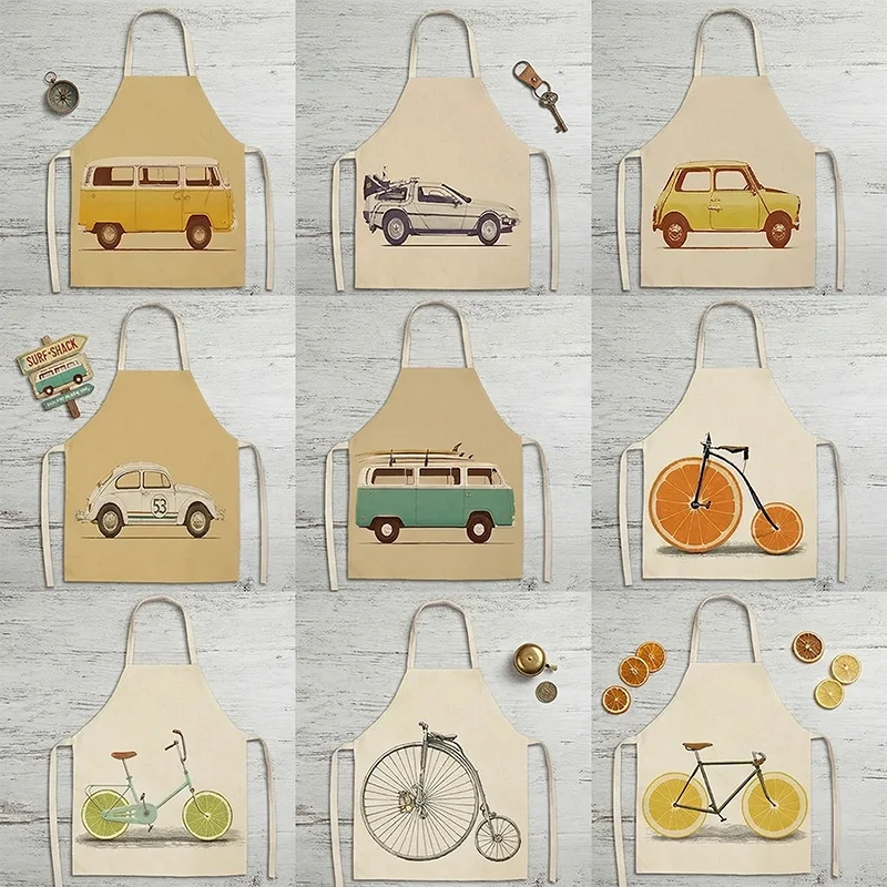 

Retro Classic Car Bicycle Print Kitchen Apron Cotton Linen Sleeveless Pinafore for Women Men Cooking Baking Cafe BBQ Work Wear