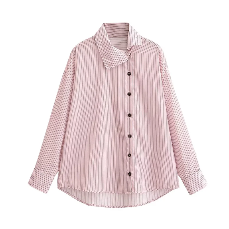 

2026 Minimalist Asymmetric Striped Shirt Women Pink Long Sleeve Button Up Blouse Oversized Casual Office Lady Tops Blusas Mujer