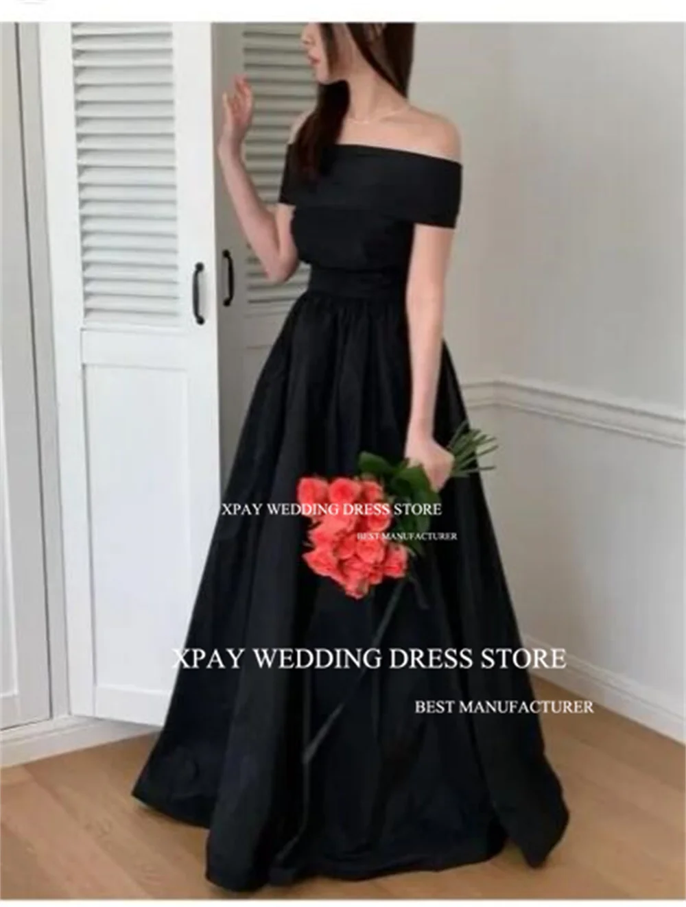 XPAY Strapless Taffeta Korea A Line Evening Dresses Short Puff Sleeve Wedding Customised Backless Custom Formal Party Gown